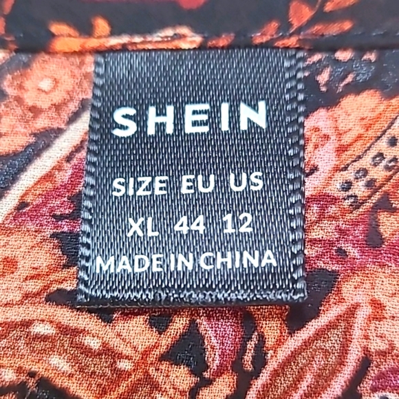 Shein Rust & Black Paisley Midi-Dress, Wide Belt, Bishop Sleeves Sz 12,XL, NWOT - Picture 12 of 13